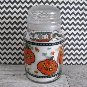 Libbey Vtg Halloween Glass Apothecary Candy Jar Jack O Lantern Pumpkin Canister